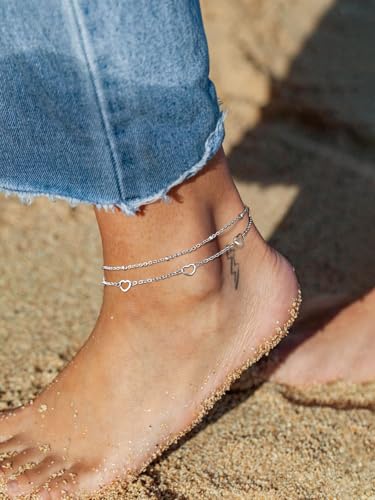FindChic Black/Silver/Gold Plated Anklets Set of 2PCS/3PCS Herringbone Chain Cuban Link Heart Charm Sparkling Tennis Ankle Bracelets, Waterproof Summer Foot Jewelry for Beach - color: 07. Silver-Layered Heart Charm