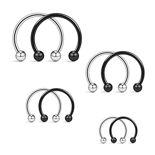 Ruifan 16G Surgical Steel CBR Nose Septum Horseshoe Earring Eyebrow Tongue Lip Nipple Helix Tragus Piercing Ring 6-16mm - color: 4PCS Steel+4PCS Black