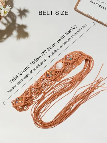 TeeYee Women's Waist Belt Adjustable Boho Style Handwoven Bohemia Tassel Rope Tie with Wooden Beads Braided Chain for Dress - color: 284tan