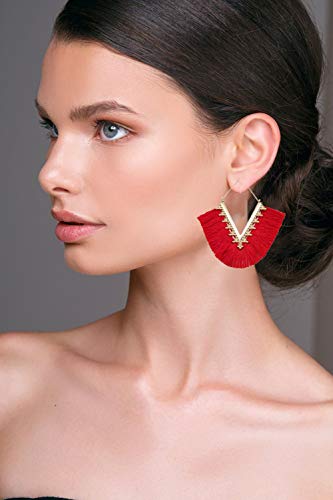 Tassel Hoop Earring Statement Thread Dangle Earrings Stylish Long Fringe Drop Earrings Lightweight Long Swingy French Hook Earrings for Women - color: A Red