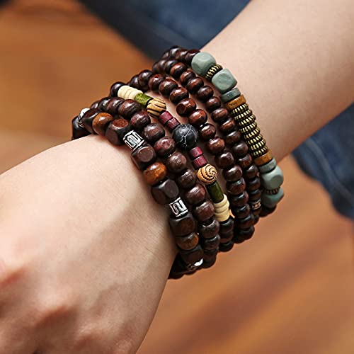 HZMAN Wrap Bracelets Men Women, Hemp Cords Wood Beads Ethnic Tribal Bracelets, Leather Wristbands - style: Skull