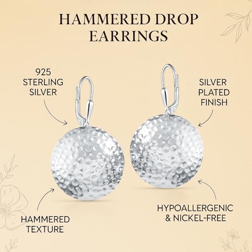 LeCalla 925 Sterling Silver Drop Earrings | Lever-Back Drop Earrings | Hypoallergenic Silver Teardrop Leverback Dangle Earring for Women Jewelry Gifts - color: Hammered Disc-38MM