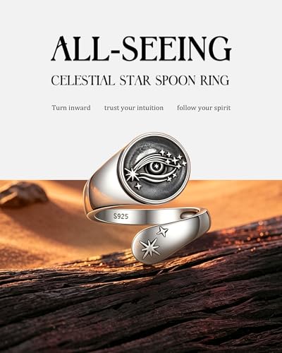 Turquoise Jewelry for Women - Sterling Silver Turquoise Rings Vintage Adjustable Sunflower Dragonfly Butterfly Spoon Ring Victorian Style Boho Antique Flower Thumb Statement Rings Jewelry Gifts for Women - color: All-Seeing Celestial Star Spoon Ring