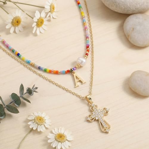 Colorful Pearl Beaded Initial Choker Necklaces for Women, Boho Handmade Personalized Seed Beads Letter Name Necklace Beach Surfer Bohemian Jewelry Gift - color: Cross A