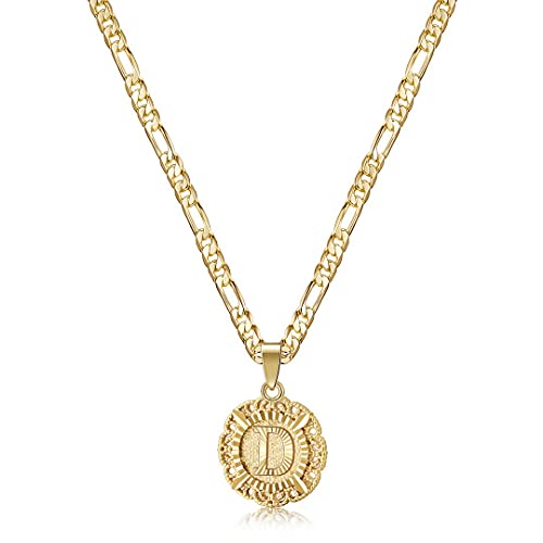 KissYan Initial Necklaces for Women, 14K Gold Plated Round Letter Pendant Capital Monogram Necklace Alphabets from A-Z Figaro Chain Jewelry - color: Gold, style: D