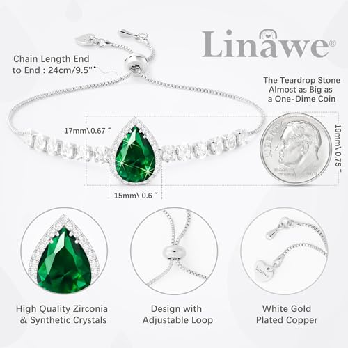 Linawe Crystal Imitation Diamond Rhinestone Charm Bracelets for Women, Gold/Silver/Rose Gold Adjustable Chain Bracelet, Teardrop Birthstone Cubic Zirconia Prom Costume Wedding Jewelry - color: Silver,May