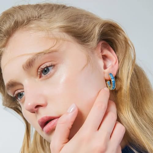Trendy 14K Gold Plated Hoop Earrings for Women, Chunky Gold/Silver Earrings for Women Cubic Zirconia Baguette Hoop Earrings Heart Hoops Lightweight Hypoallergenic Jewelry,25mm/35mm/40mm/50mm - color: 01 Gold Aquamarine 25mm