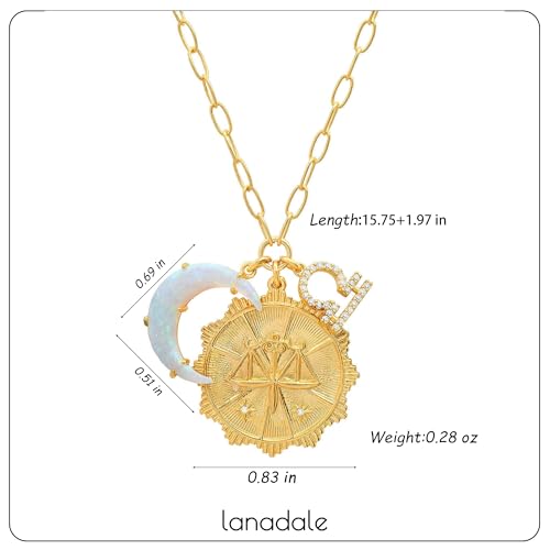 Dainty Gold Zodiac Embossed Coin Opal Crescent Moon Charm Necklace for Women Trendy 18K Gold Plated Retro Paperclip Chain 12 Constellation Horoscope Necklaces Astrology Jewelry Gifts - style: 7.LIBRA (SEP 23-OCT 22)