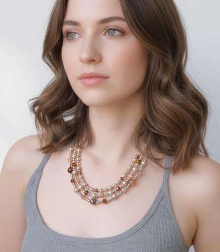 Noessla Beaded Statement Necklaces for Women Layered Chunky Bead Necklace Fashion Costume Jewelry Gifts for Mom - color: Champagne Brown
