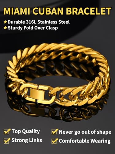 ChainsHouse Stainless Steel Cuban Link Bracelet, 8mm/12mm/17mm Width, 7.5"/8.3"/9", 18K Gold Plated Chain Wrist Bracelets for Men Women, Send Gift Box - color: N: Gold-12mm width