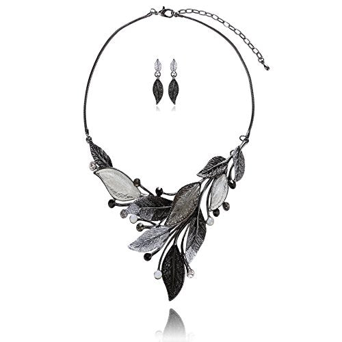 AMYJANE Vintage Statement Jewelry Set - Spring Leaf Flower Floral Plant Necklace Earring Set Crystal Rhinestone Fashion Costume Jewelry for Women Prom Party Unique Gift - style: Grey Leaves Jewelry Set