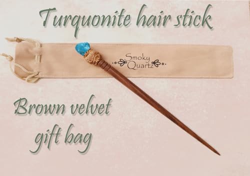 Natural Tumbled Healing Gemstone Crystal Wooden Hair Stick Handmade Gifts Boho Reiki by Smoky Quartz (Turquonite Magnesite) - color: Turquonite Magnesite