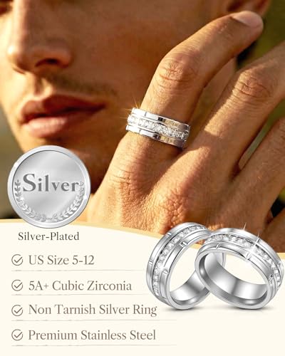 8mm Mens Gold Wedding Band with Cubic Zirconia Silver Eternity Ring CZ Inlaid 18K Gold Plated Stainless Steel Rings for Men, Rings Size 5-12 - color: Silver