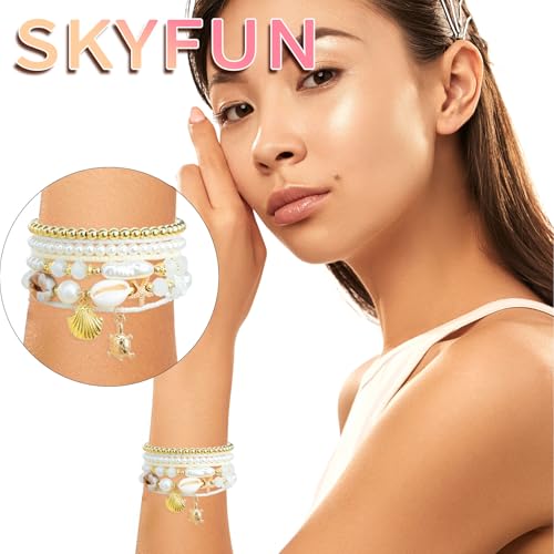 Beach Bracelets for Women Bohemian Stackable Heishi Surfer Bracelet Set Elastic Seashell Starfish Boho Friendship Bracelets for Summer Beach Party Holiday Vacation Jewelry - color: 7PCS-Gold Starfish/Turtle/Seashell