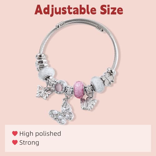 Silver Women Bracelets - Adjustable Charm Bracelets for Women Birthday Gifts Favors Titanium Steel Bracelet Bundle Jewelry Kit - color: B: Bear - Love - Pink
