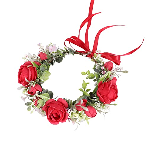 Vivivalue Women Flower Crown Rose Floral Headband Hair Wreath Floral Headpiece Halo Boho with Ribbon Wedding Party Red - color: 70