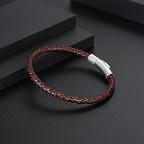 Men's Leather Bracelet, Stackable Stainless Steel Clasp Bracelets for Men Stylish Birthday, Thanksgiving, Valentine's Day Gift for My Man - style: 8.2" Round-tube Reflective Brown Leather