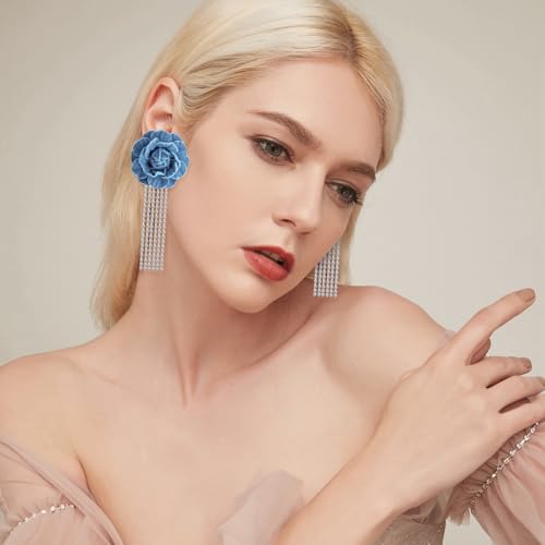 Large Denim Earrings for Women Blue Boho Westen Flower Dangle Earrings Trendy Birthday Christmas Jewelry Gift - color: Flower(Rhinestone)