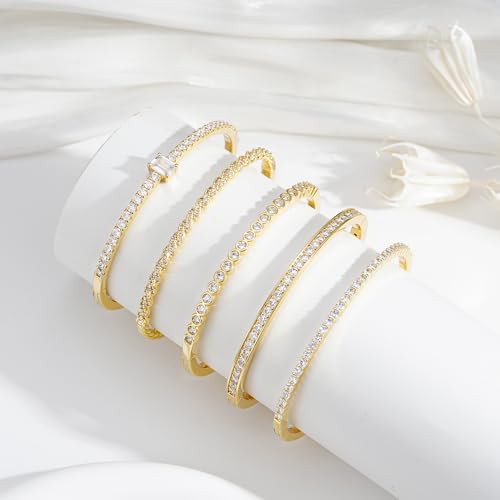 Turandoss Gold Bangle Bracelets for Women - Dainty 14K Gold Plated Tennis Bangle Bracelet Personalized Cubic Zirconia Oval Cuff Bracelets Jewelry Gifts - color: Half CZ Bangle - Twisted Tennis