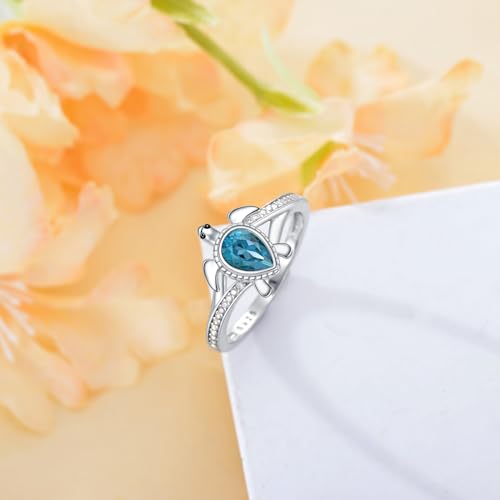 Sea Turtle Ring for Women 925 Sterling Silver Pear Shaped Birthstone Ocean Statement Ring for Ladies - color: London Blue Topaz