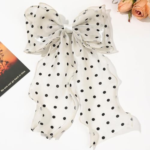 Large Hair Bow Clips for Women, Polka Dot Bow Hair Barrettes with Long Tail French Hair Ribbon Clips Hair Accessories for Girls (Polka Dot 2PC) - color: Polka Dot,Polka Dot