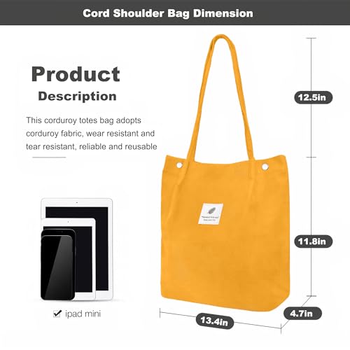 Corduroy Tote Bag for Women Small Canvas Shoulder Purse Cord Handy Bag with Inner Pocket | with Front Pocket - color: 02 Yellow