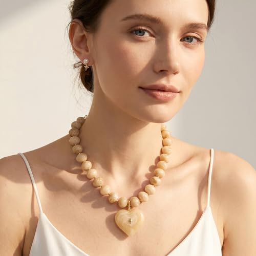 Elegance 11 designs Chunky Heart Necklace for Women, Colorful Acrylic Beaded Statement Puff Heart Necklace, Cute Boho Y2K Choker Necklace for Gift Jewelry - color: Beige