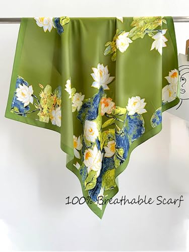 100% Mulberry Silk Scarf for Women Hair Lightweight Square Neckerchief Wrap For Head Scarves 21" - color: 14-green Oil Flowers /21"*21"