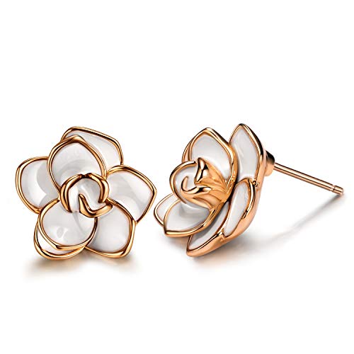 AllenCOCO Rose Flower Stud Earrings for Women Sensitive Ears, Hypoallergenic Cute Gold And Silver Rose Flower Earrings Studs for Women Nickel Free - color: White flower/Rose gold, size: 0.55
