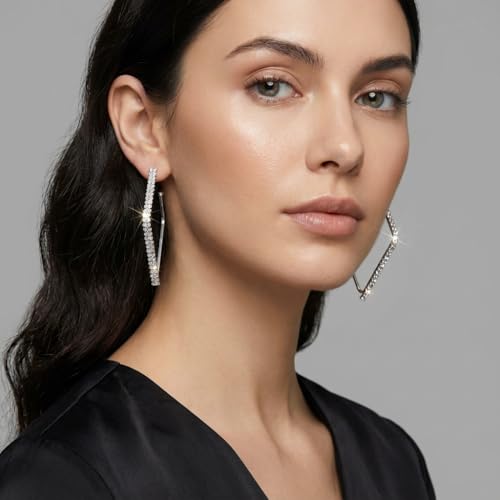 Rhinestone Geometric Hoop Stud Earrings for Women - Sparkly Crystal Statement Jewelry for Evening Parties, Weddings and Special Occasions - color: Silver