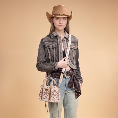 Wrangler Mini Aztec Tote Bag for Women Boho Small Top Handle Purse with Adjustable Strap - color: Boho Tan