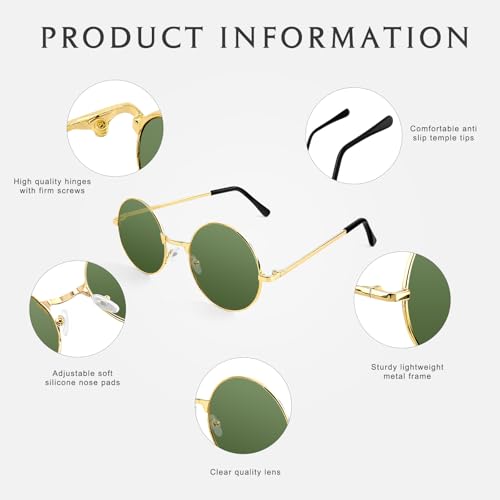 NACHLYNN Round Hippie Sunglasses Metal Border Circle Hippie Glasses UV380 Protection 70s Sunglasses for Men Women Party Favor - color: Deep Green