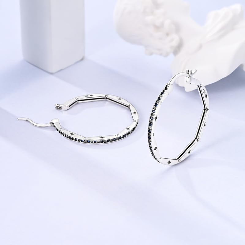 Parmuz 925 Sterling Silver Earrings Hoops for Women Ladies Simple Lightweight Twisted Medium Hoop Earrings With Cubic Zirconia Hypoallergenic Jewelry for Her - color: dark blue