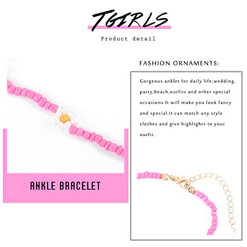 Tgirls Boho Ankle Bracelets for Women Beaded Anklets Chain Beachy Flower Foot Accessories - color: Pink