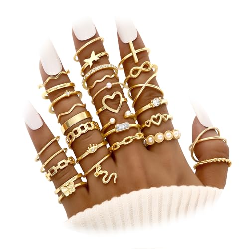 FAXHION 24-60 Pcs Gold Stackable Rings for Women, Knuckle Rings Chunky Gold Ring Set Dainty Stacking Cute Rings, Multiple Sizes Cute Jewelry Set Gift - style: Gold-30 pcs-1