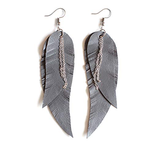 Black shiny Leather Feather Earrings for Women, Lightweight Minimal Boho Dangle Earrings, Small Simple Everyday Jewelry - color: dark grey