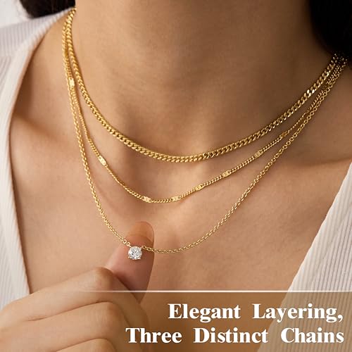 WomenGifts Layered Gold Necklaces for Women, 14K Gold Sterling Silver Plated Dainty Pendant Necklace Set Non Tarnish, Chunky Stackable Cuban Chain Choker, Trendy Birthstone Vacation Jewelry Gift - color: Gold, style: Cubic Zirconia
