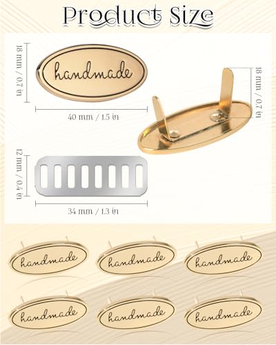 12PCS Handmade Tags, Alloy Handmade Labels with Shims Colorful Alloy Hand Made Signs Oval Knitting Sewing Labels for Bags, Hats, Clothing, Handmade Items, Crochet Supplies (Gold)