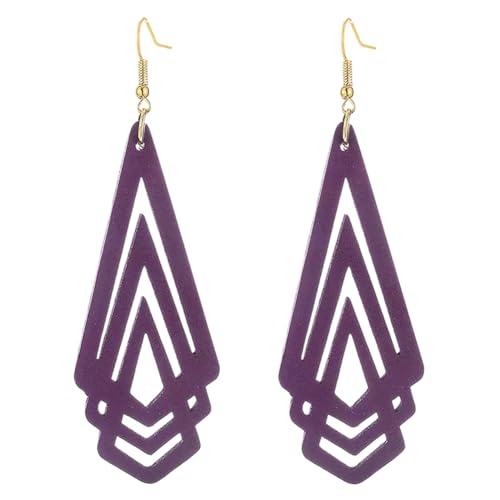Handmade Wood Triangle Rhombus Hollow Geometric Dangle Drop Earrings Unique Presonalized Retro Gold Hook Earrings For Women - style: Purple