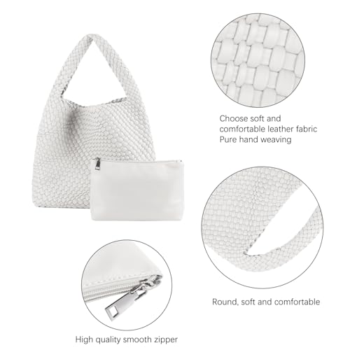 Woven Tote Bag For Women, Large Vegan Leather Travel Handbag, Casual Work Shoulder Bag, Underarm Commuter Hobo Bag With Purse - color: White