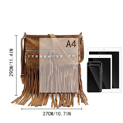 Hoce Women’s Leather Fringe Messenger Bag Large Hobo Crossbody Tassel Shoulder Bags, Gift for Mom Wife Girlfriend - color: E-brown