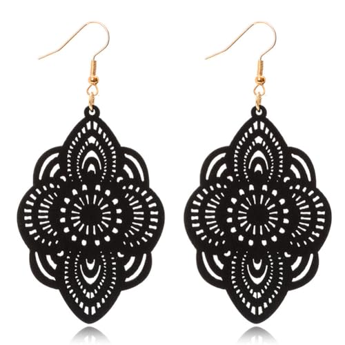 Bohemian Wood Earrings Natural Retro Lightweight Hollow Pattern Geometric Wooden Dangle Drop Earrings Statement Vintage Jewelry - color: Balck Earrings