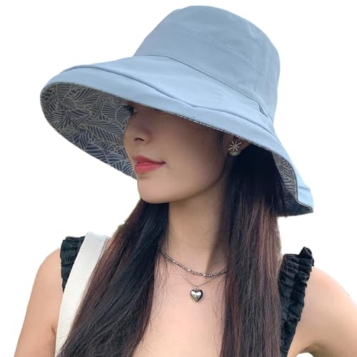 HUAMULAN Women Summer Sun Hat Wide Brim Wired Edge Floral Beach Bucket Hats Reversible Foldable Travel UV Protection Lady Hat - color: Blue