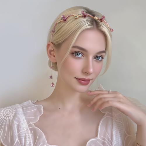 AHONEY Pink Flower Crown Headband for Women Girls Hair Vine Floral Leaf Boho Headband Wedding Fairy Hair Accessories Headpiece - color: Pink