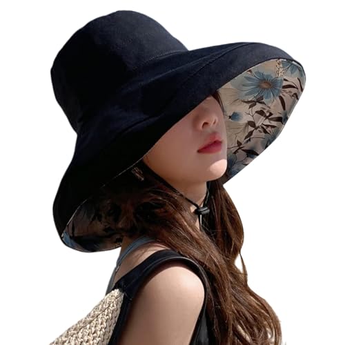 HUAMULAN Women Summer Sun Hat Wide Brim Wired Edge Floral Beach Bucket Hats Reversible Foldable Travel UV Protection Lady Hat - color: M2320-black