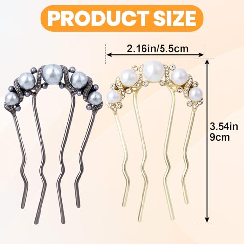 2 Pcs Pearl Hair Pins U Shaped, Elegant Vintage French Pearl Hair Comb, French Twist Hair Pin for Brides, Bridesmaid, Party, Daily, Holiday (Gold, Gun Black - Rhinestone) - color: Gold, Gun Black (Rhinestone)