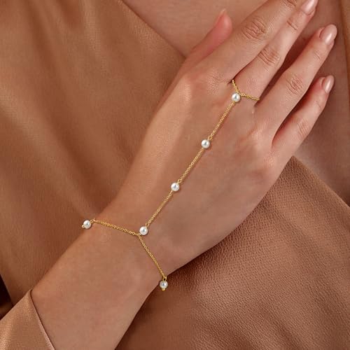 CHESKY 14k Gold Plated Hand Chain Bracelet for Women Trendy, Dainty Ring Bracelets Hand Chain Finger Nail Bracelet Simple Gold Hand Jewelry for Women Gifts - style: Pearl