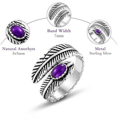 Silver Plated Feather Ring | 925 Silver Adjustable Open Ring | Vintage Leaf Design Inspirational Jewelry for Men & Women | Hypoallergenic Boho Statement Ring - color: Amethyst