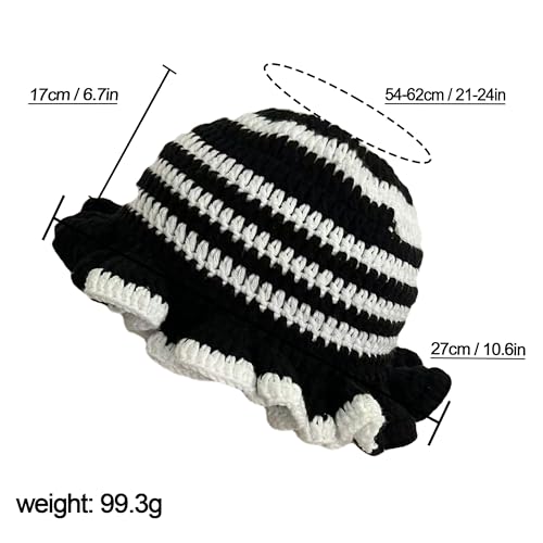 Handmade Crochet Bucket Hat for Women Boho Chic Slouchy Design Colorblock Ruffled Brim Festival&Daily Crochet Hat - color: Black and White Stripe