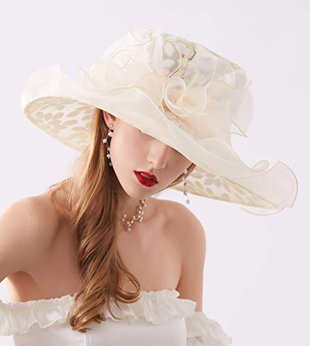 ORIDOOR Women’s Organza Church Tea Party Wedding Fascinator Derby Hat Wide Brim Sun Hats - color: A-beige